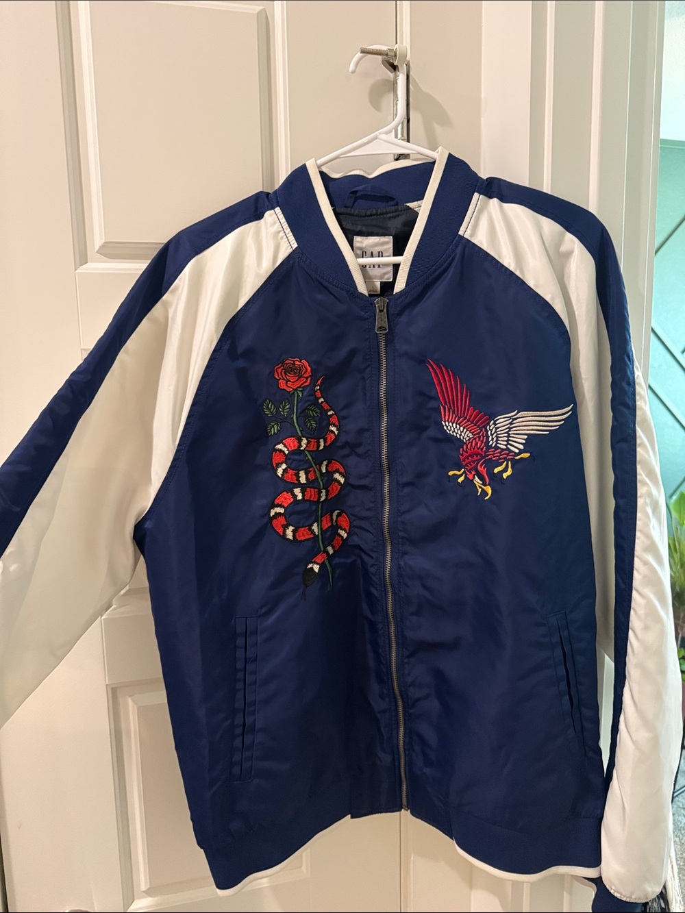 GAP California Souvenir Bomber Jacket Navy and White Embroidered Snake & Eagle